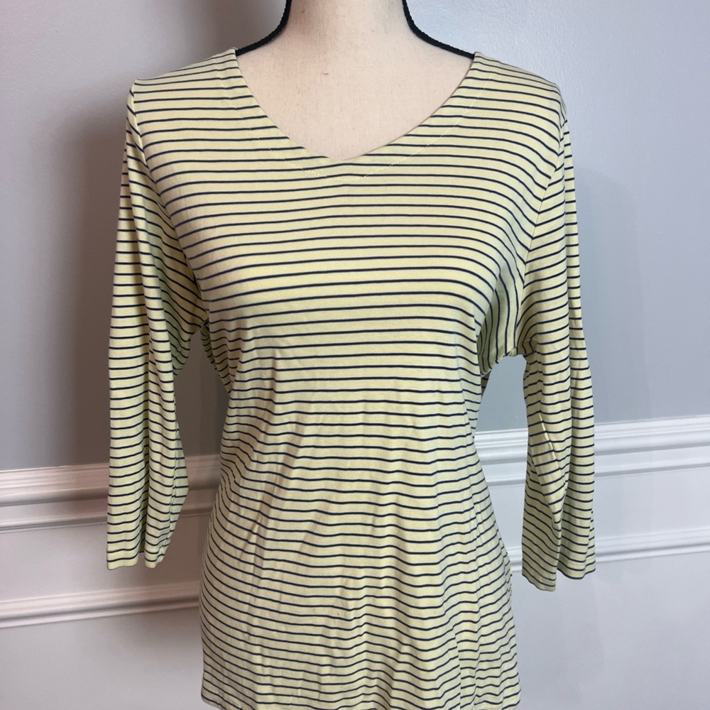 J. Jill 100% Pima Cotton 3/4 Sleeve V Neck Yellow And Blue Stripes Size Large